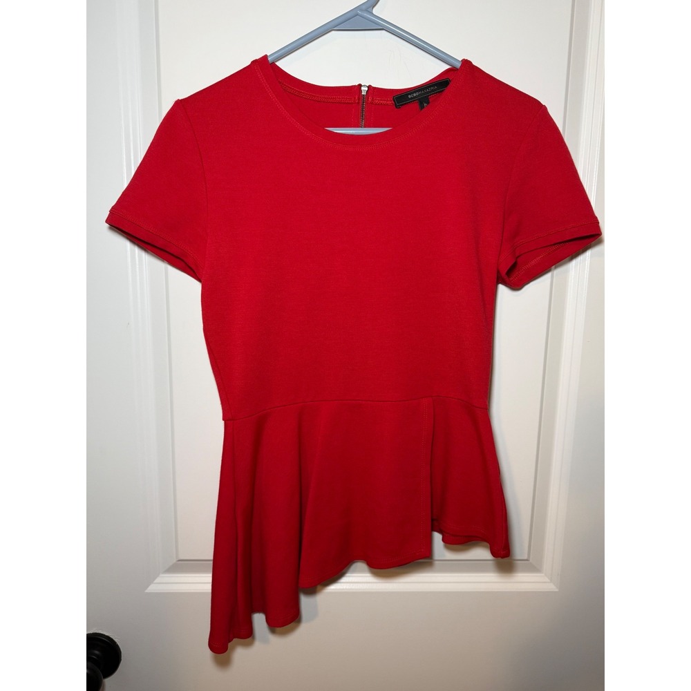 BCBGMAXAZRIA Harlee Red Asymmetrical Peplum Zip Back Top Small‎